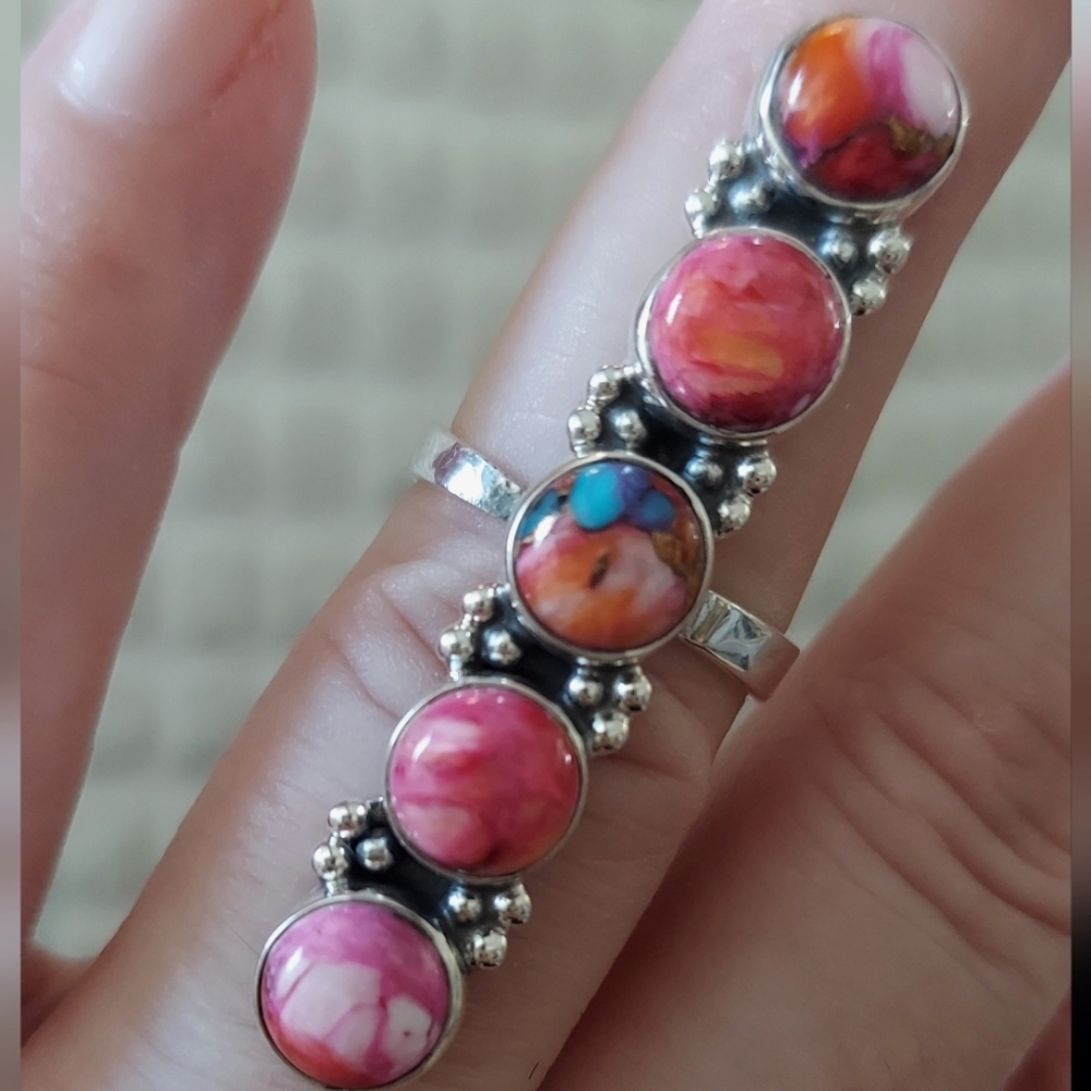 Beautiful Kingman Dalia Sterling Silver Long 5 Stone Adjustable Ring 5-8